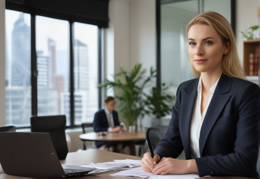 In a sleek office, an Australian family lawyer in a sharp suit discusses finance and business matters with clients, exuding professionalism and trust.