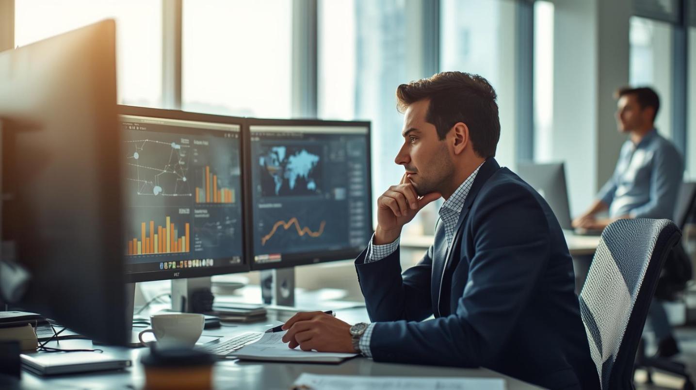 Financial analyst studying complex supply chain networks on screens in bright office.